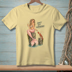 Yellow t-shirt with illustration of a mermaid and lobster with text "Don't Get Comfortable."
