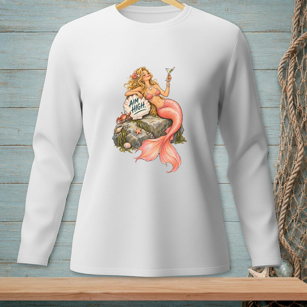 Mermaid with pink tail holding martini, sitting on rock with text "AIM HIGH".