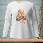 Mermaid with pink tail holding martini, sitting on rock with text "AIM HIGH".