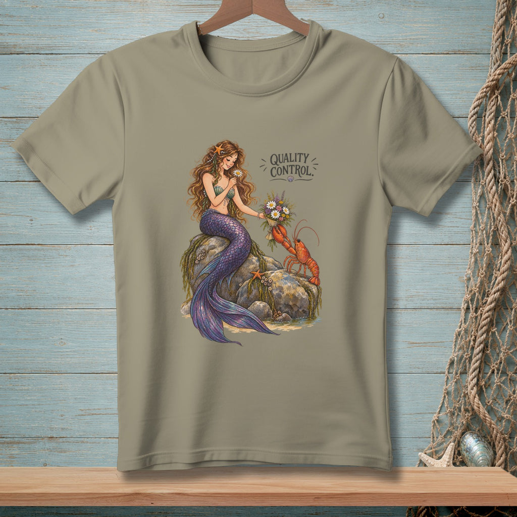 Mermaid with bouquet and lobster, text reads "QUALITY CONTROL."