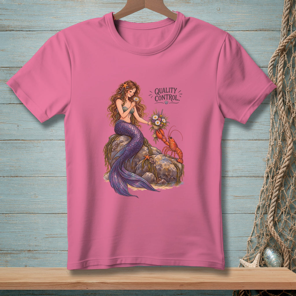 Pink t-shirt with a mermaid and lobster, with "Quality Control" text.