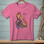 Pink t-shirt with a mermaid and lobster, with "Quality Control" text.