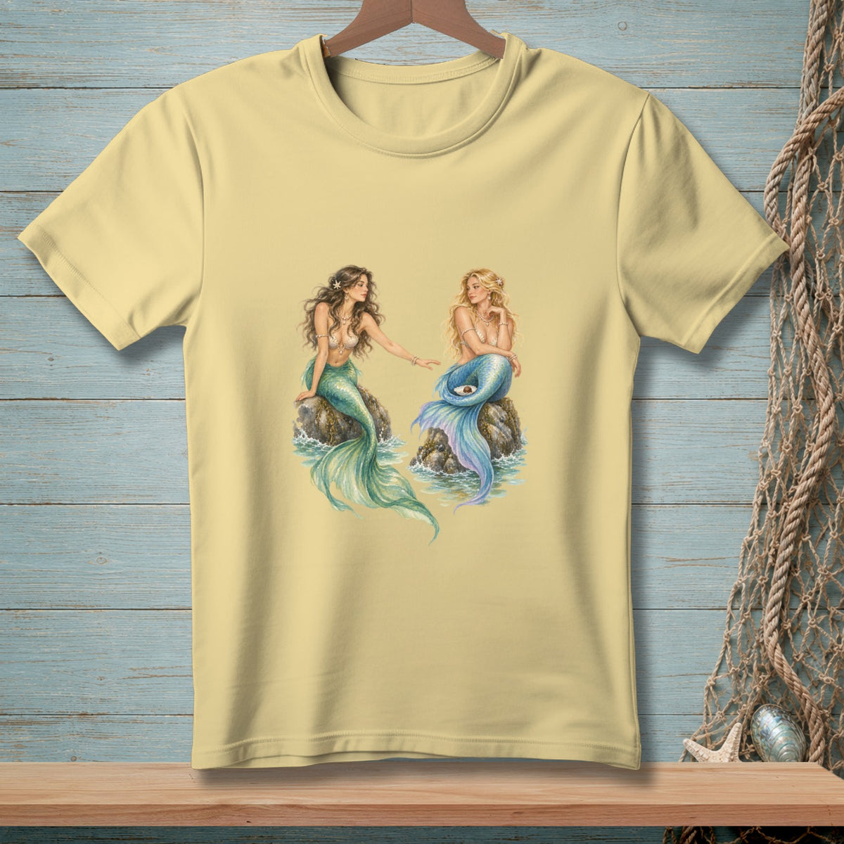 Light yellow t-shirt with two mermaids sitting on rocks in the ocean.