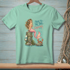 Mint t-shirt graphic of a mermaid and crab with text "Talk to the Tail, Crabcake".