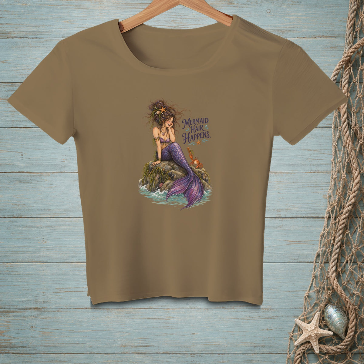 T-shirt with a mermaid illustration and "Mermaid Hair Happens" text.