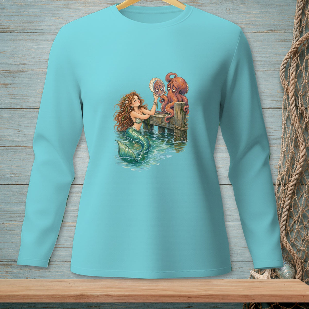 Mermaid offers a seashell to a sad octopus at a wooden pier.