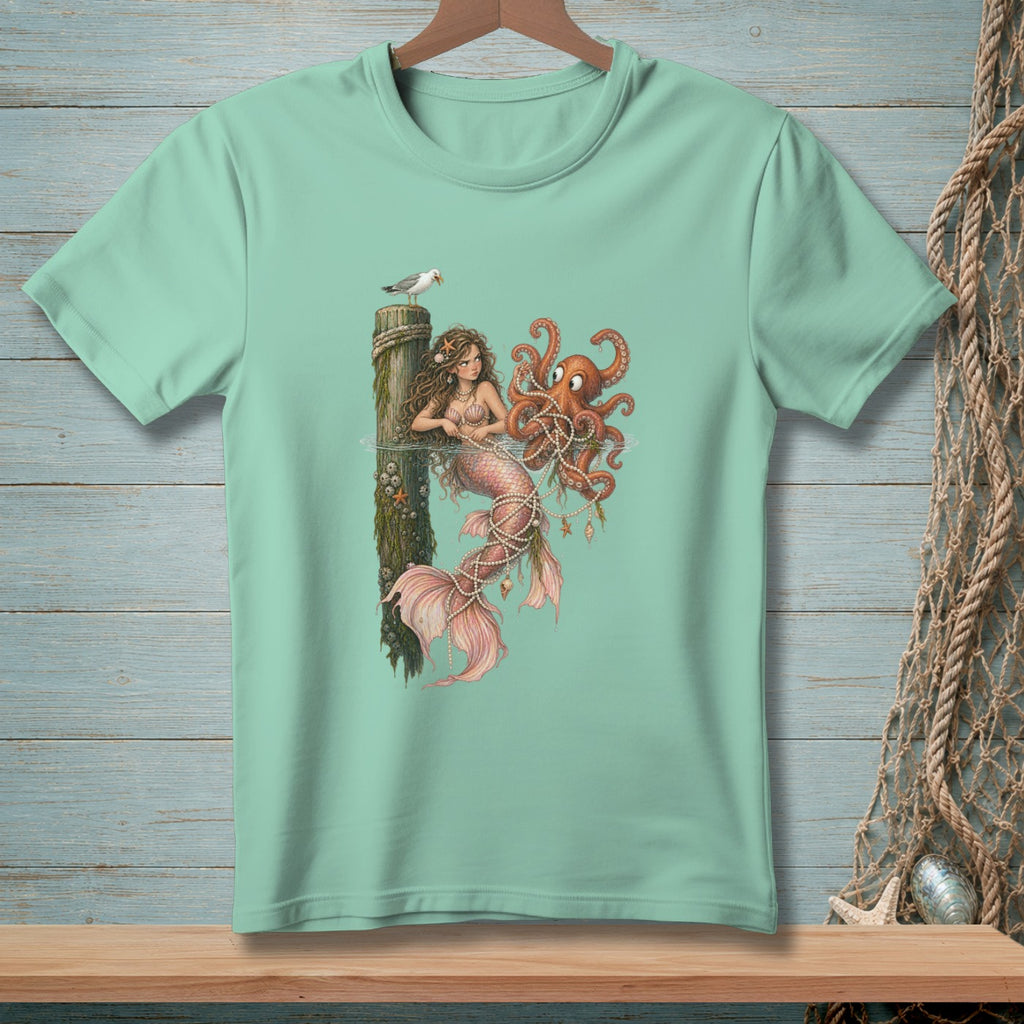 Mint t-shirt with illustration of a mermaid, octopus, seagull, and barnacle-covered post.