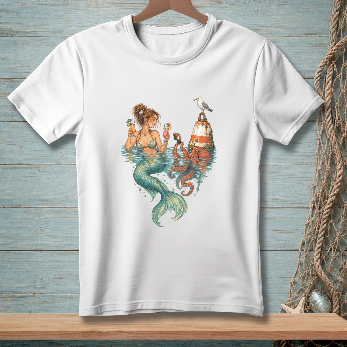 Mermaid holding cocktails with octopus near a buoy and seagull.