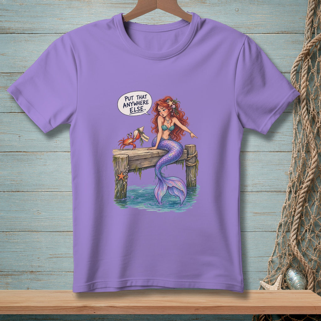 Mermaid and crab on a pier with text "Put that anywhere else".