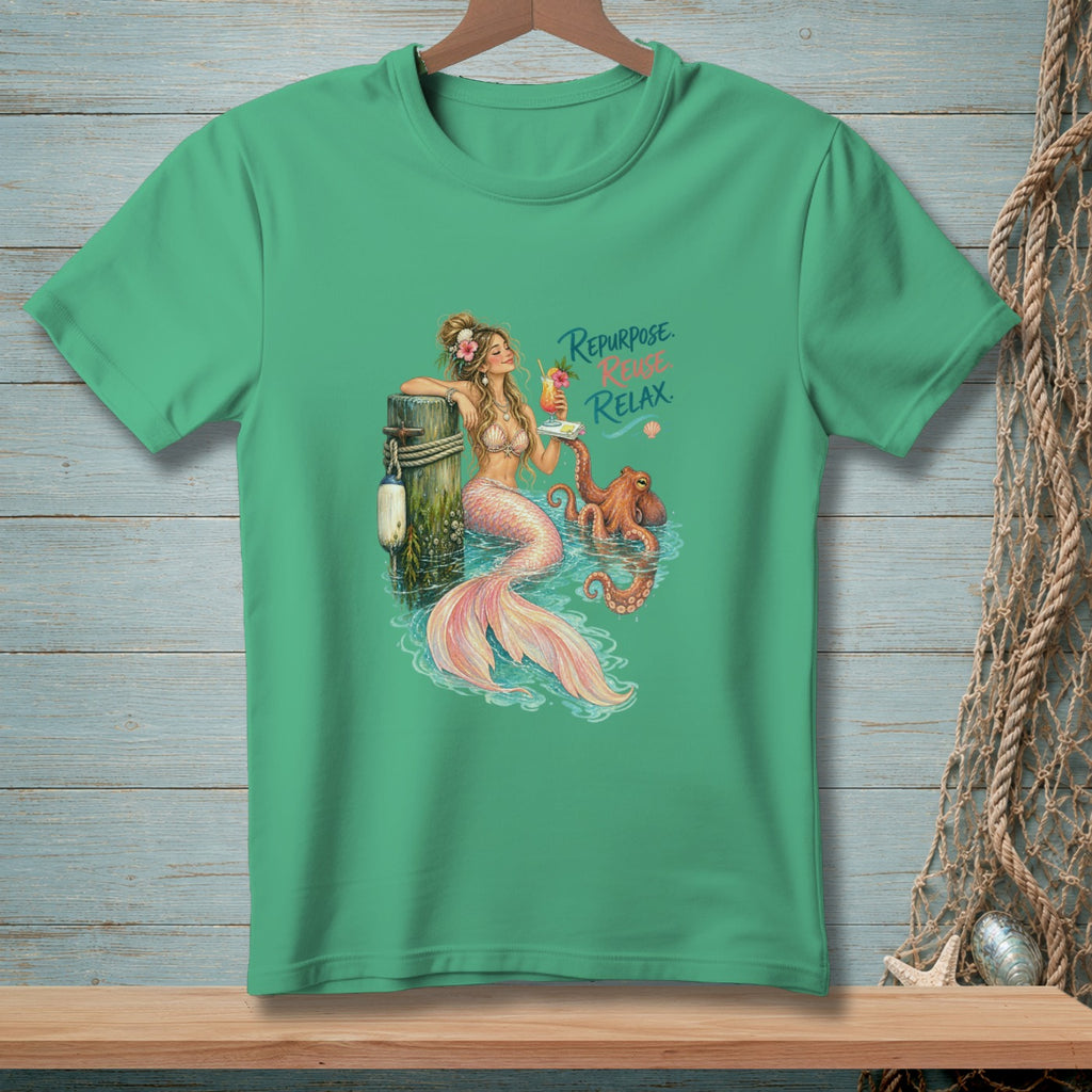 Green t-shirt with a mermaid, octopus, and text "Repurpose. Reuse. Relax."