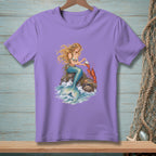 Mermaid with blonde hair sits on a rock with a lobster and pearl.