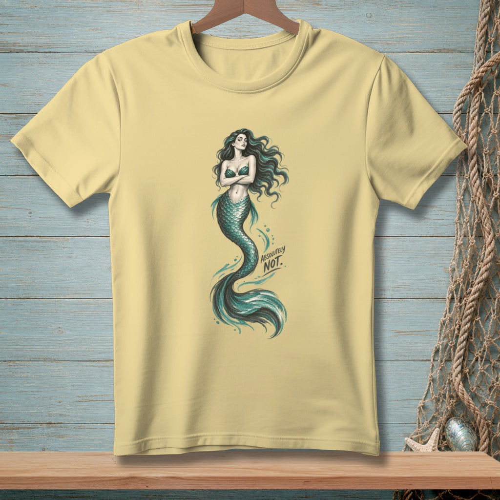 Yellow t-shirt with a mermaid graphic and the text "ABSOLUTELY NOT."