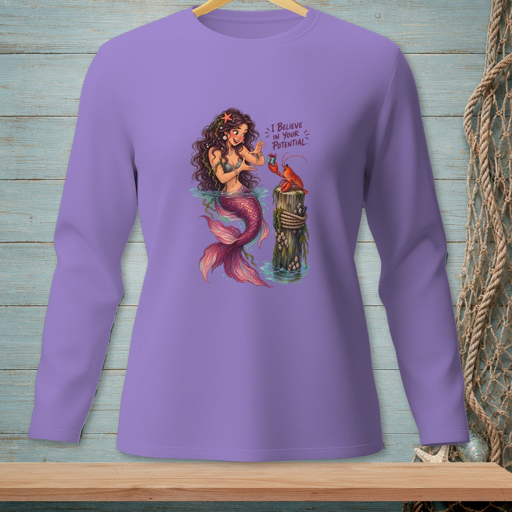 Mermaid and lobster with text "I believe in your potential" on purple shirt.