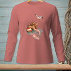 Long-sleeve shirt with a mermaid feeding a seagull a pink item.