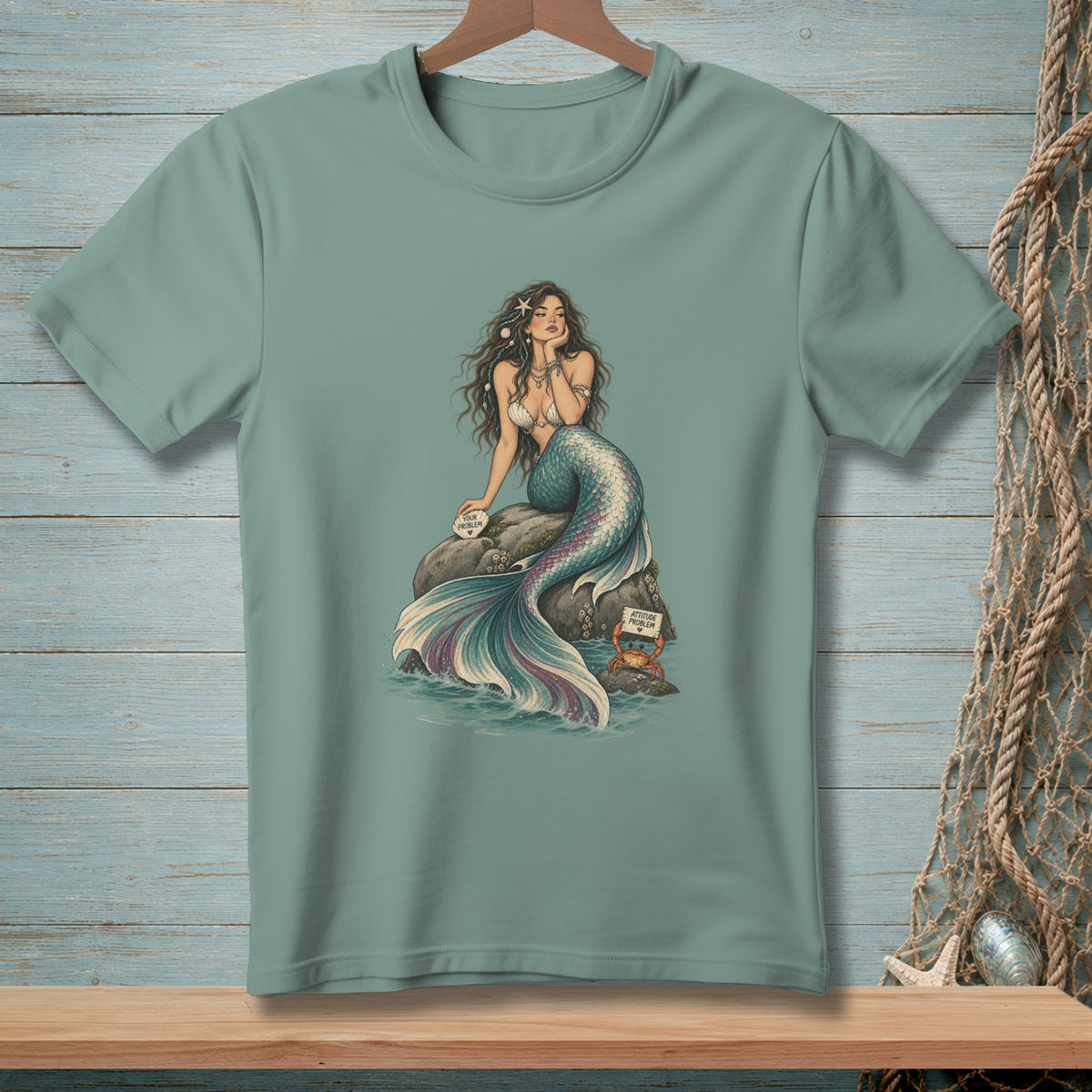 T-shirt with a mermaid sitting on a rock, holding a sign that says "Your Problem".