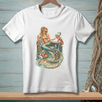 Mermaid with coffee cup and books on dock, with crab and breakfast tray.