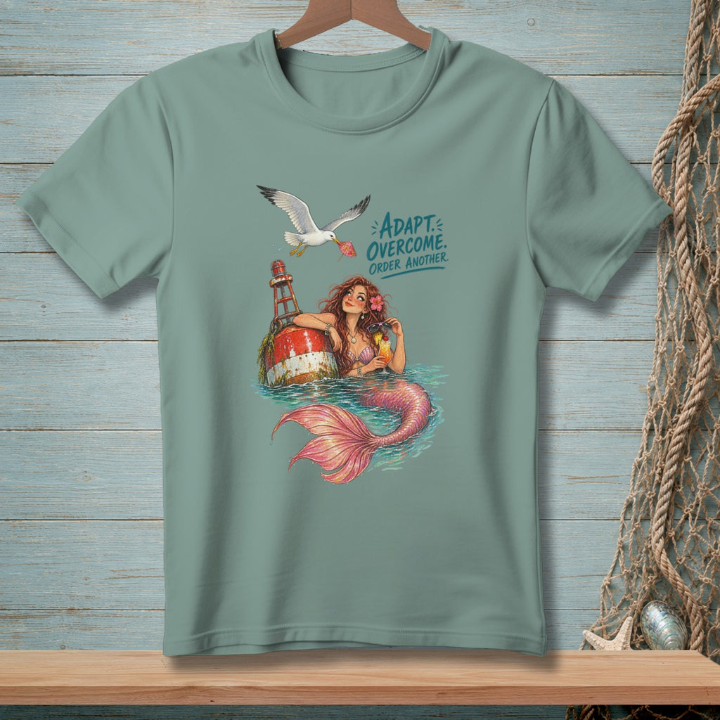 Mermaid with drink and seagull over buoy; "Adapt. Overcome. Order Another." text.