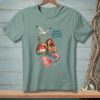 Mermaid with drink and seagull over buoy; "Adapt. Overcome. Order Another." text.