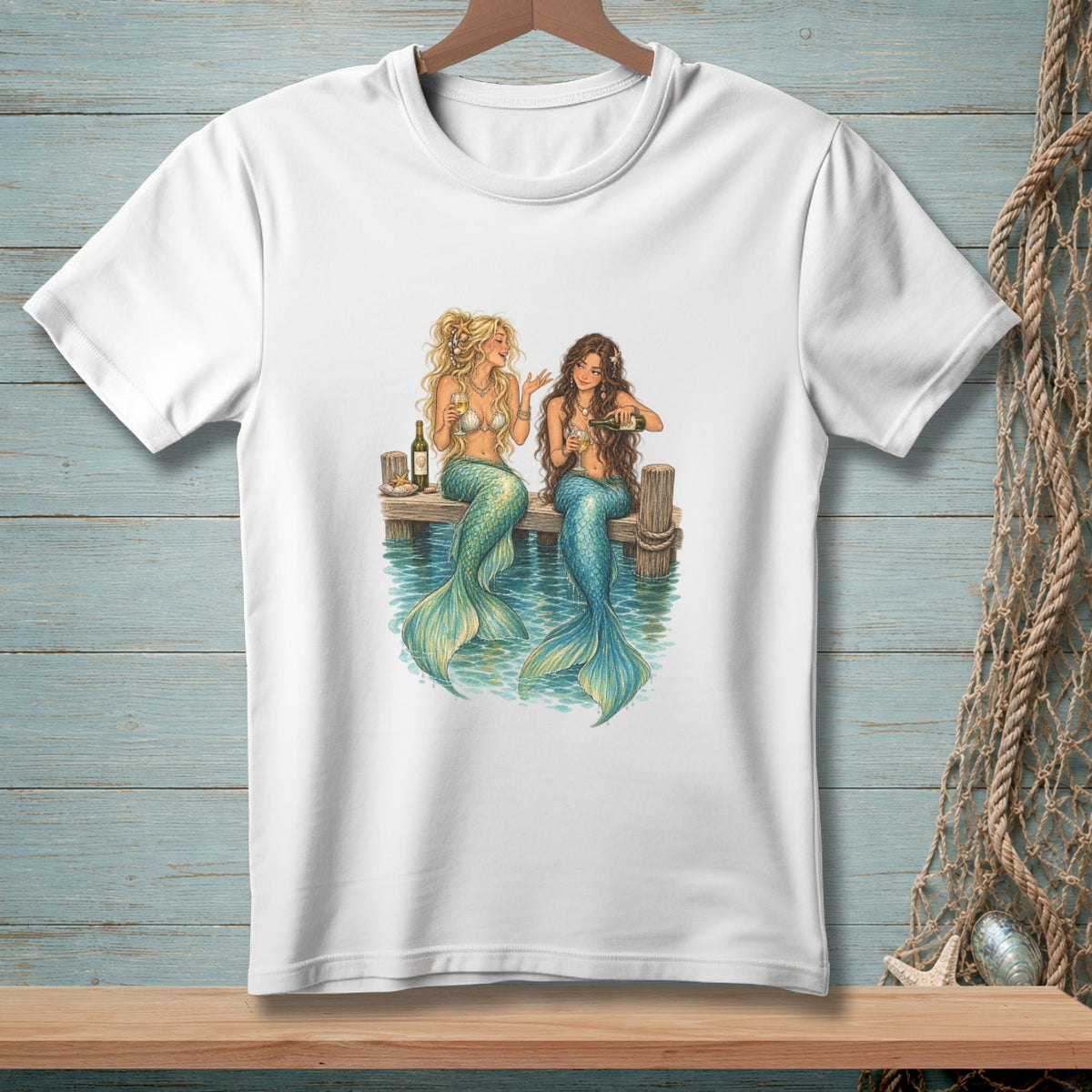 Two mermaids with blue-green tails sit on a dock, drinking from wine glasses.