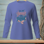 Long sleeve shirt with "I'm Not Bossy I'm Buoyant" and mermaid tail graphic.