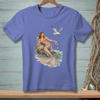 Mermaid with cocktail and seagull on a rock near the water.