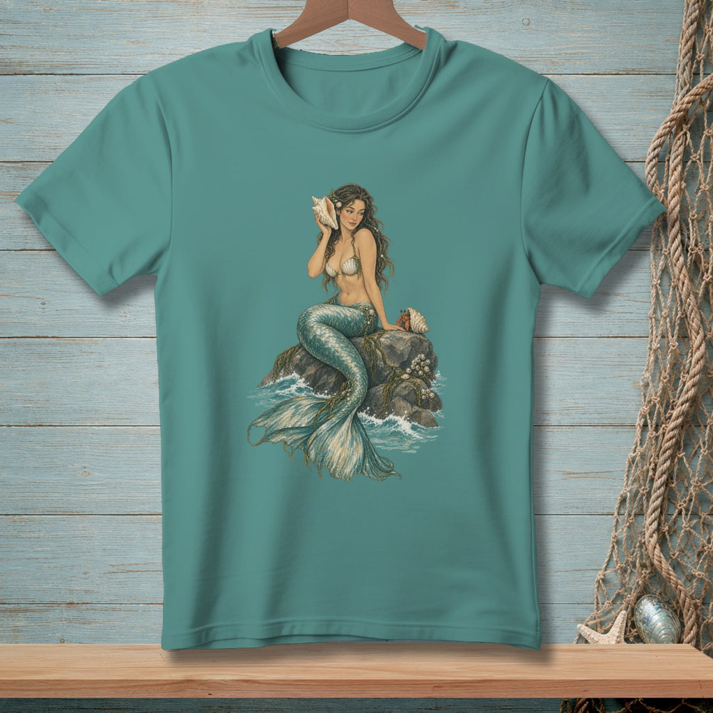 Mermaid sitting on a rock holding a conch shell, with waves and sea shells.