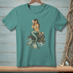 Mermaid sitting on a rock holding a conch shell, with waves and sea shells.