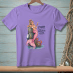 Mermaid with pink tail and crab graphic on a purple t-shirt, text "Crabby Isn't a Personality, Kevin."