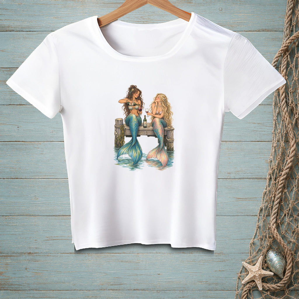 Two mermaids sitting on a dock drinking wine.