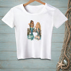 Two mermaids sitting on a dock drinking wine.