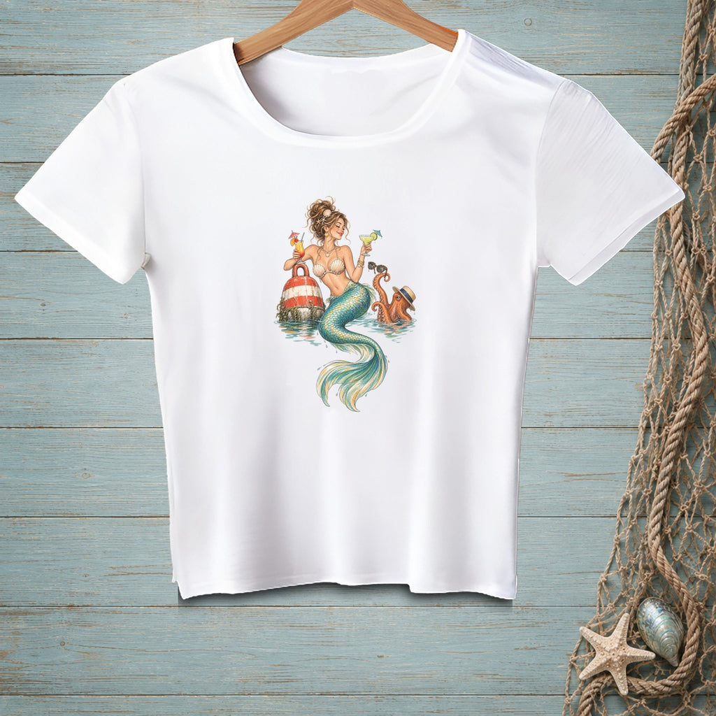 White t-shirt with illustration of a mermaid, octopus, and buoy drinking cocktails.