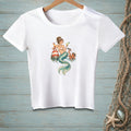 White t-shirt with illustration of a mermaid, octopus, and buoy drinking cocktails.