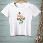 White t-shirt with illustration of a mermaid, octopus, and buoy drinking cocktails.