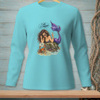 Mermaid with drink and crab saying "Watch your attitude" on teal shirt.