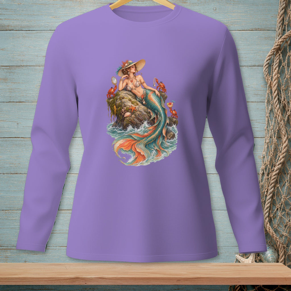 Purple long sleeve shirt with a detailed mermaid illustration and sea creatures.