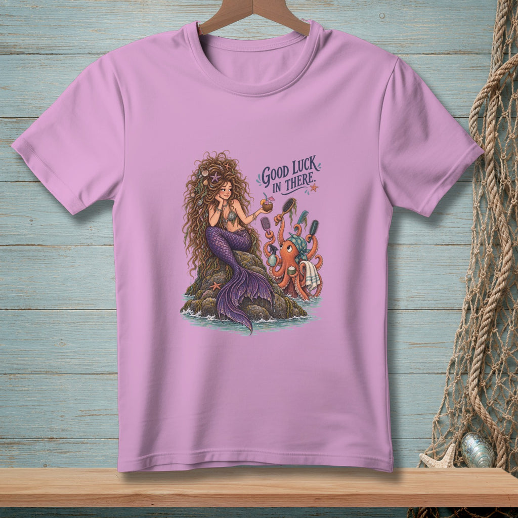 T-shirt with mermaid and octopus illustration and text "Good Luck In There".