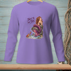 Purple long-sleeve shirt with a mermaid, crab, and "Talk to the Tail" text.