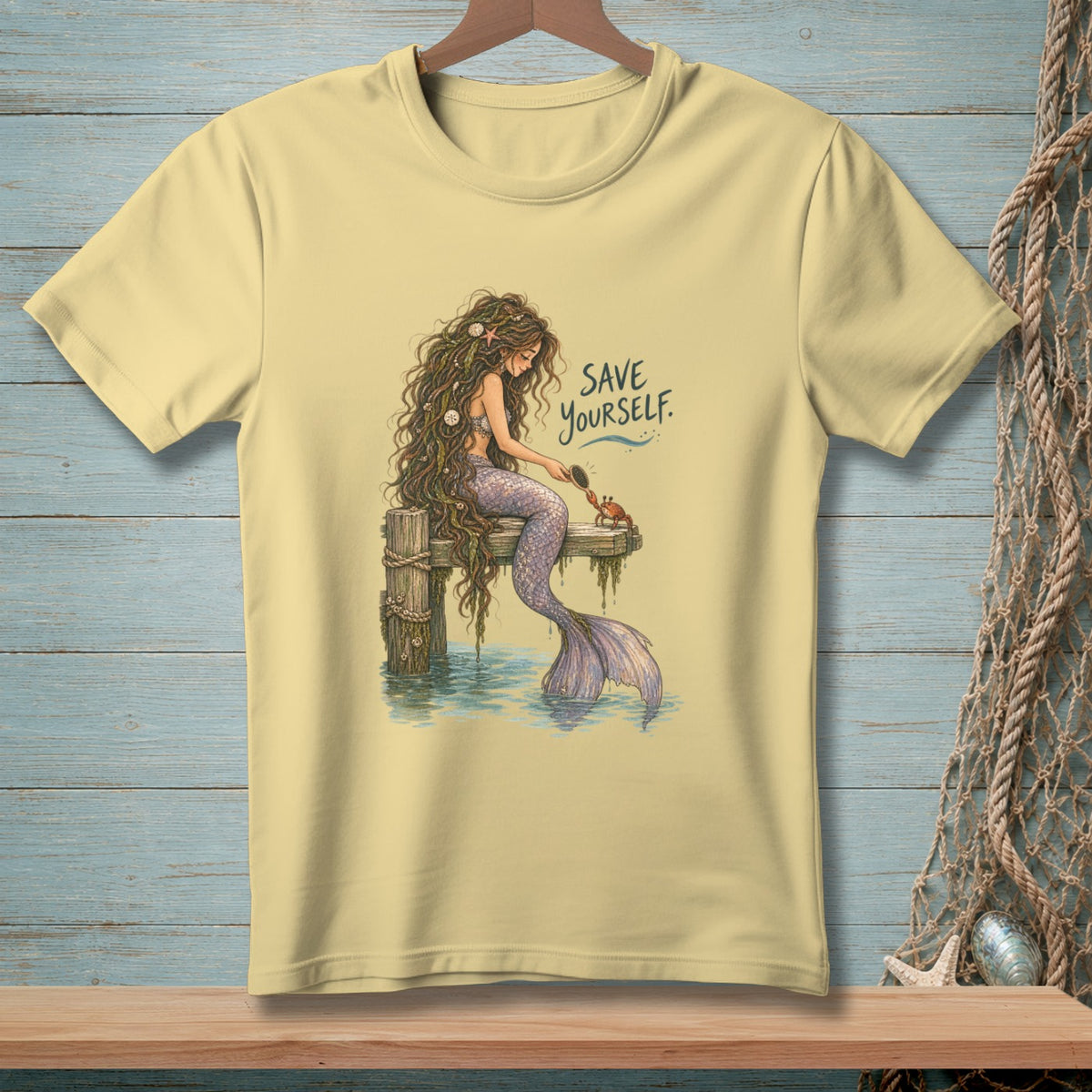 Mermaid sitting on pier brushing a crab with text "SAVE YOURSELF."