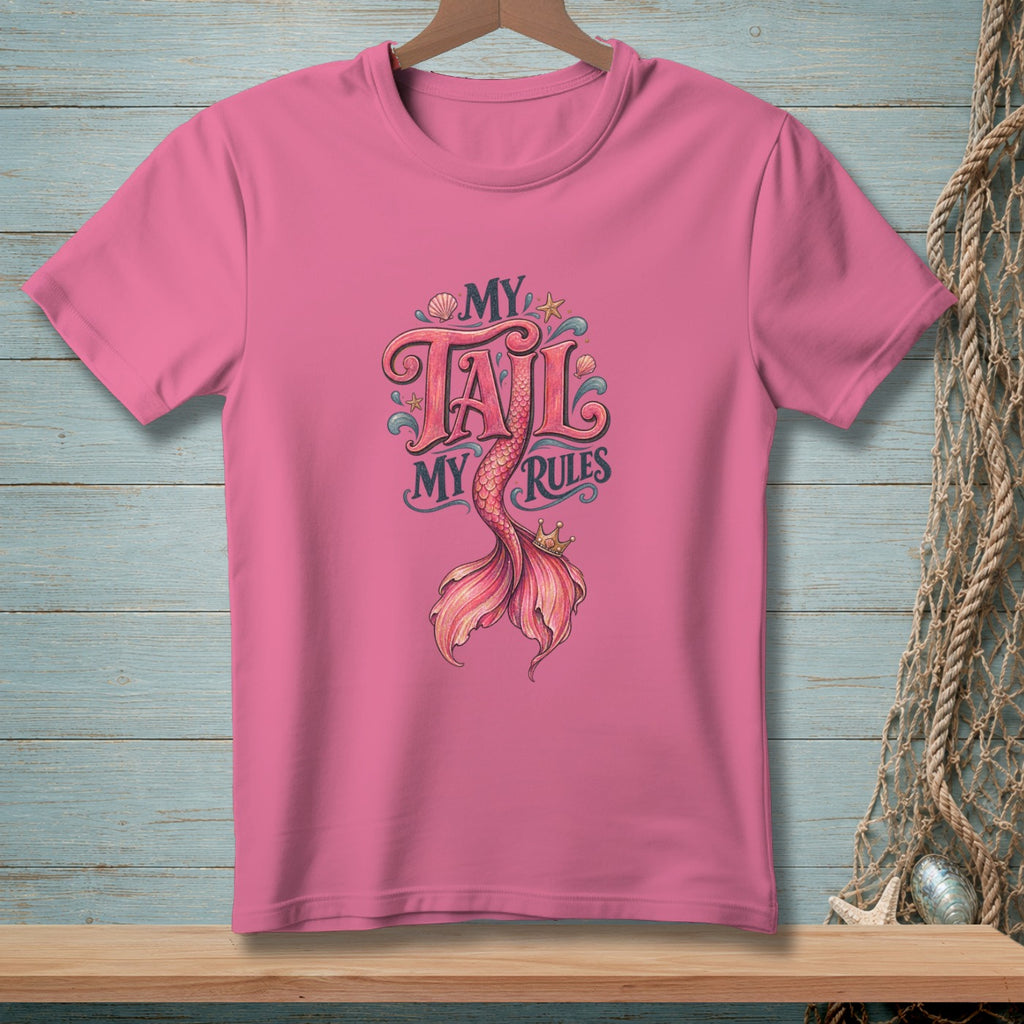 Pink t-shirt with mermaid tail graphic and "My Tail My Rules" text.