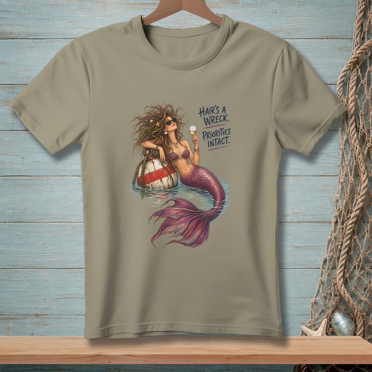 Mermaid with wine and text "Hair's a wreck. Priorities intact."