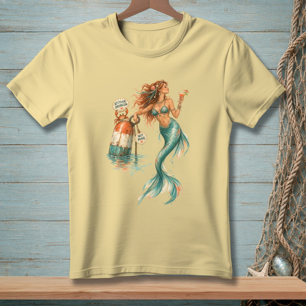 Mermaid holding a drink, with a crab on a buoy labeled "ATTITUDE PROBLEM NOT MINE."