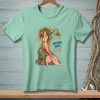 Mermaid with long hair and coral tail holding a drink, text reads "Mermaid Hair: Enter at Your Own Risk."