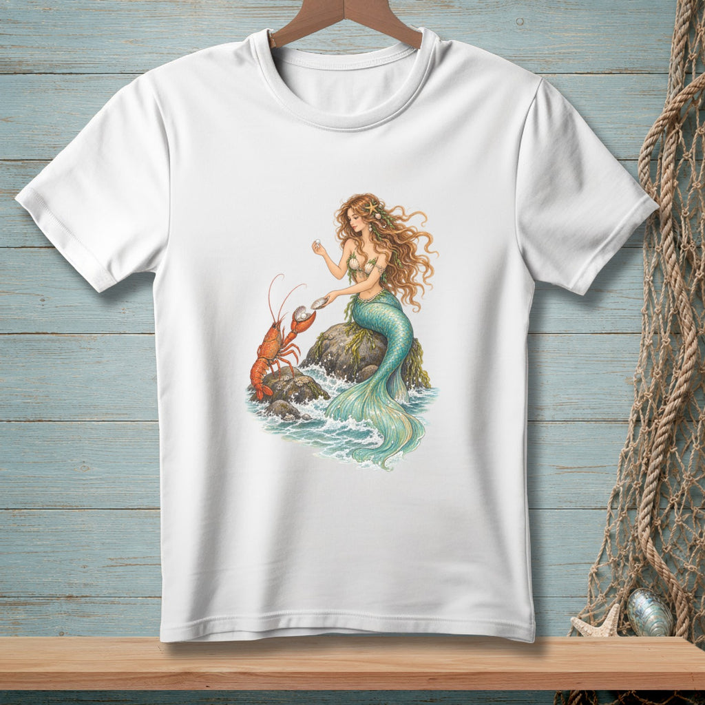 White t-shirt with illustration of a mermaid and lobster on a rock.