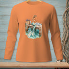 Orange long-sleeve shirt with a graphic of a mermaid on a dock.