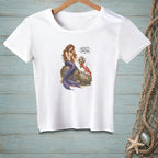 White t-shirt with a mermaid and lobster design and text "Quality Control."