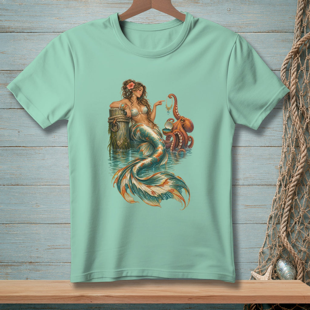 Mermaid with ornate tail and octopus by a wooden post in water.