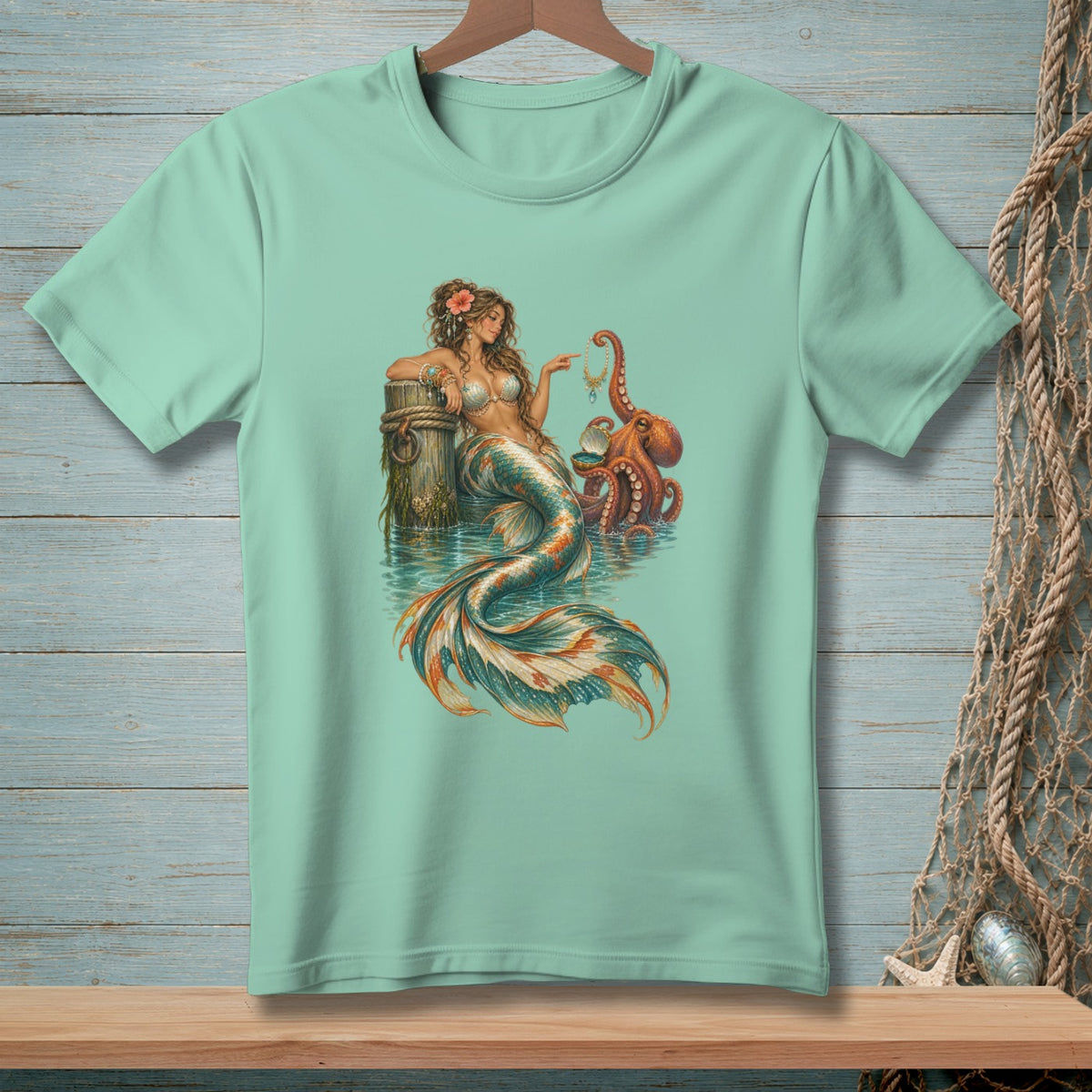 Mermaid with ornate tail and octopus by a wooden post in water.
