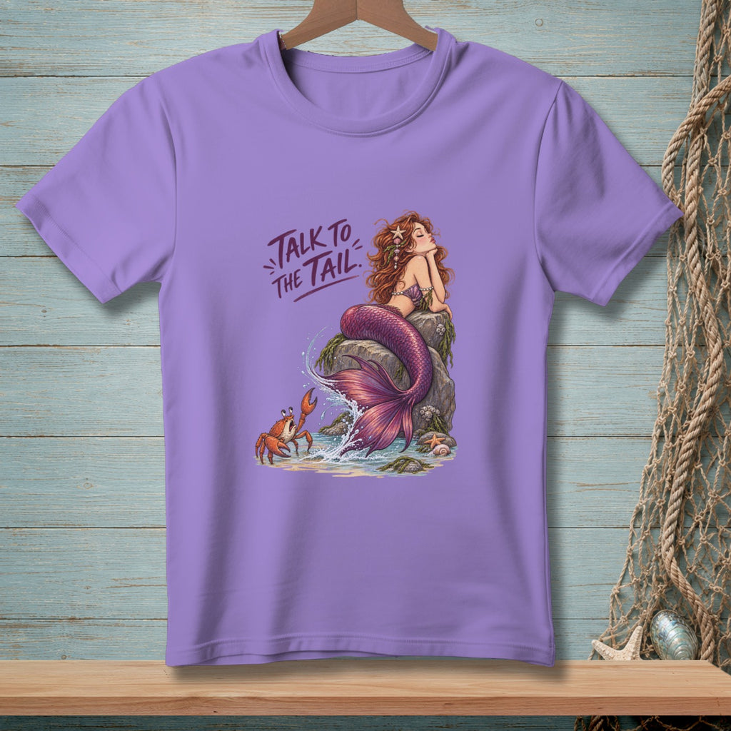 Purple t-shirt with mermaid and crab graphic, reads "Talk to the Tail".