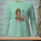 Mint long-sleeve shirt with mermaid and octopus graphic, text reads "THE SALT STAYS."