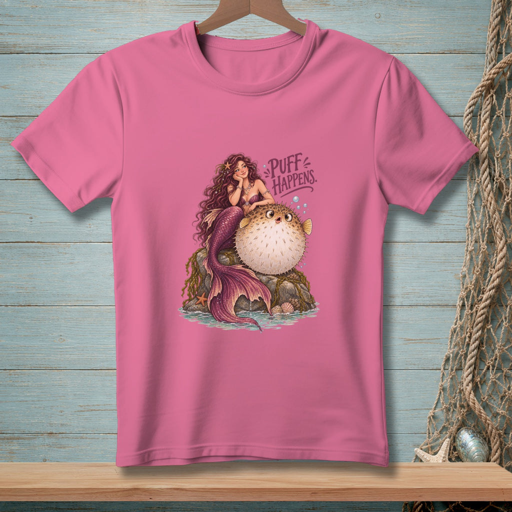 Pink t-shirt featuring a mermaid and pufferfish with "Puff Happens" text.